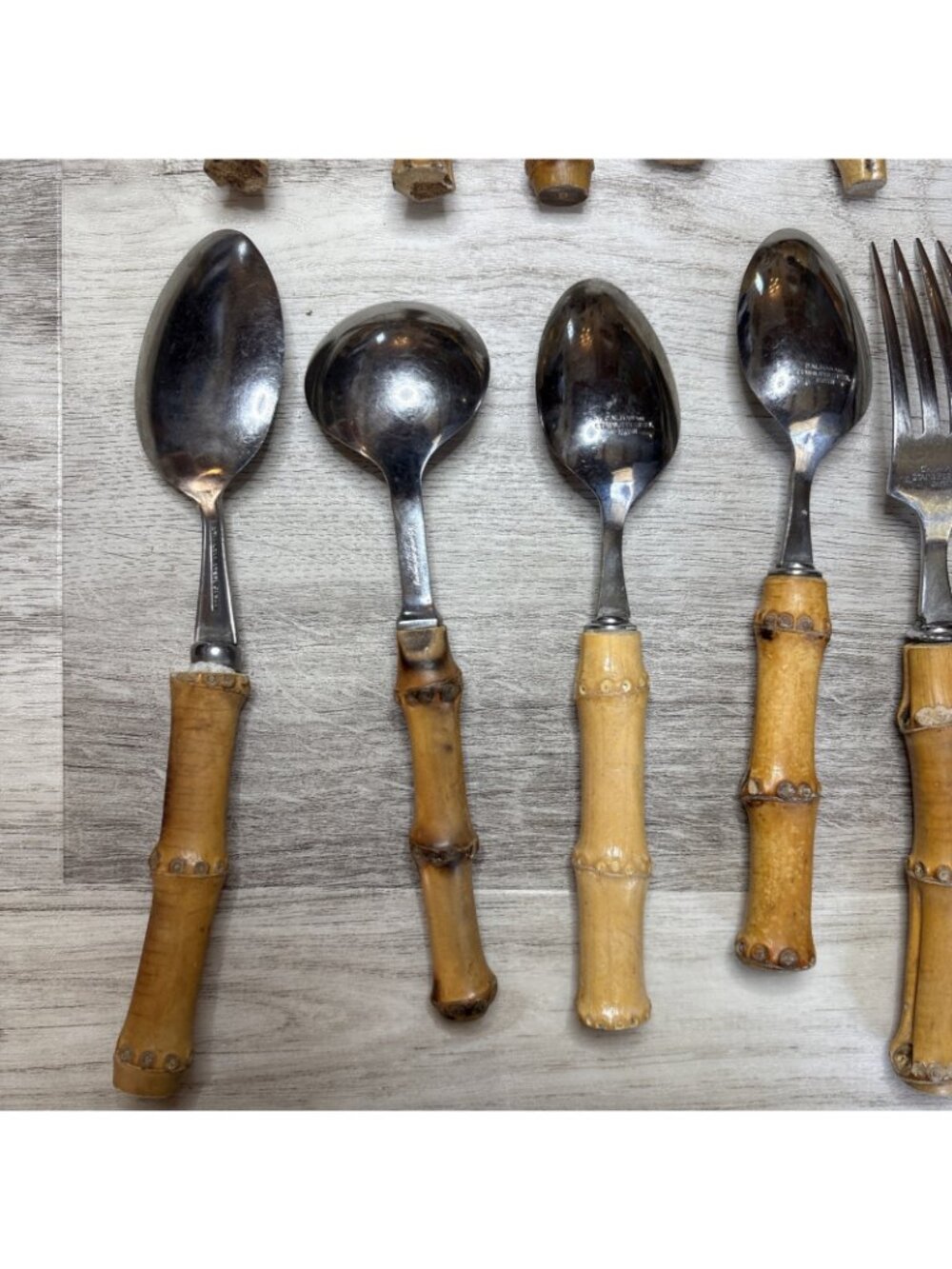 Vtg 29pc Bamboo Handle Flatware Silverware and Serving Pieces Stainless Japan - Picture 12 of 14